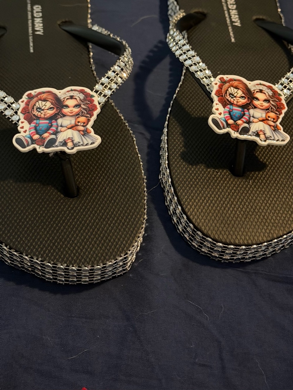 Black Rhinestone Flip Flops with Character Charms